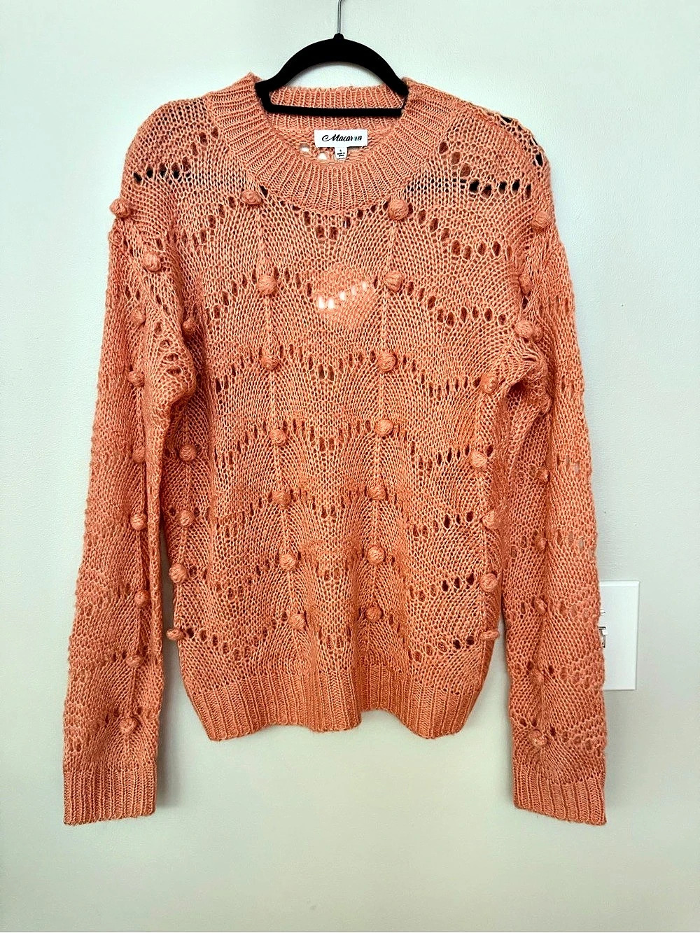 Macaron Open Knit Pointelle Sweater in Coral Size Small NWT